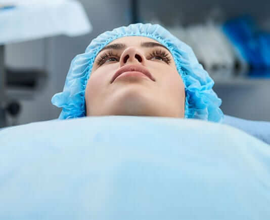 close up photo of a woman on the operating table waiting for her bulbous tip rhinoplasty